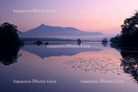 朝焼けの大沼公園と駒ヶ岳
