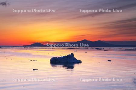 朝の国後島と流氷