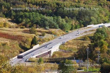 高速道路と紅葉　道央自動車道