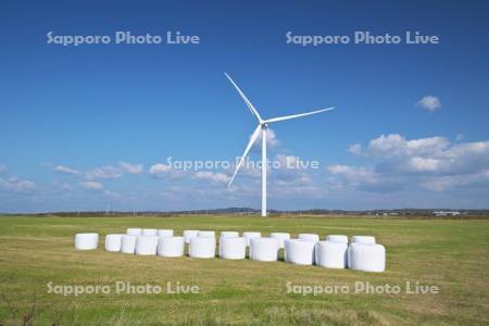 風力発電と牧草ロール