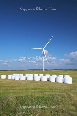 風力発電と牧草ロール