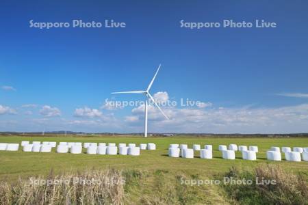 風力発電と牧草ロール