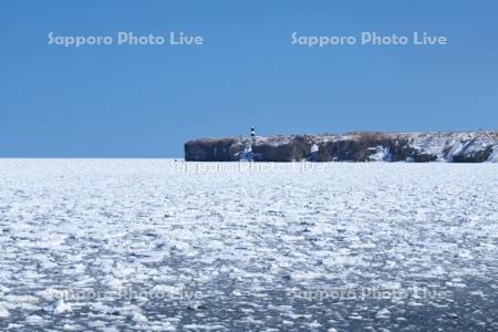 能取岬とオホーツク海の流氷と能取岬灯台