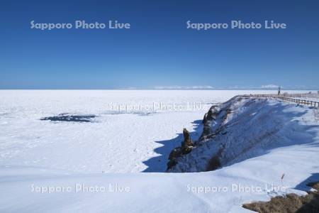 能取岬とオホーツク海の流氷と知床連山
