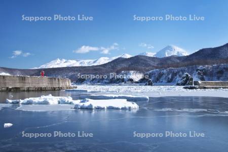 ウトロ港の流氷と知床連山