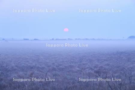 霧多布湿原の日の出と朝霧
