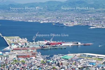 函館どつくと函館港とフェリーターミナル（中央奥）