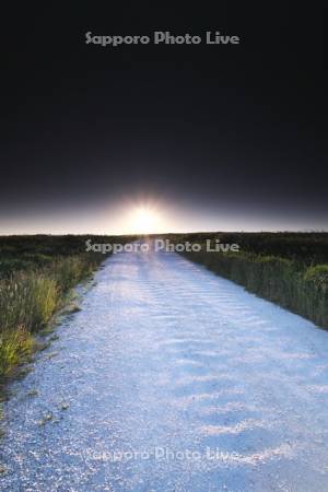 日の出とホタテの白い道