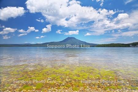 阿寒湖と雄阿寒岳と水生植物