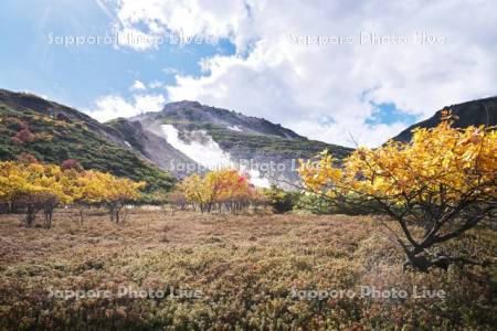 硫黄山と紅葉