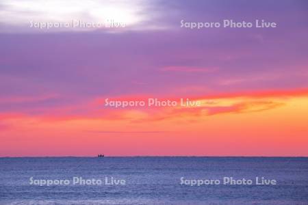 朝の太平洋と漁船