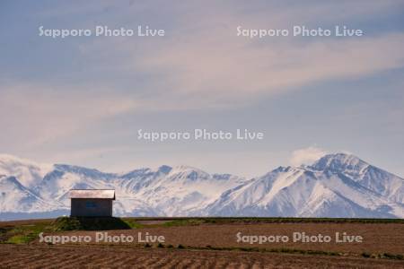 納屋と十勝岳連峰